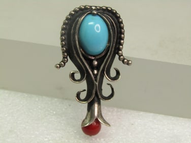 Vintage Sterling Southwestern Squash Blossom Pendant, Faux Turquoise/Coral, 1970's-1980's