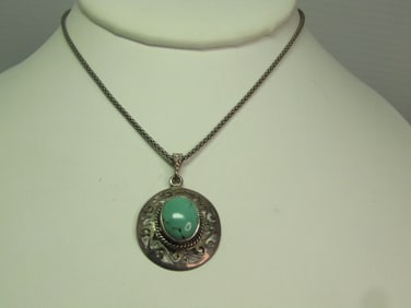 Vintage Sterling Turquoise Scrolled Pendant Necklace, 18" , 1980's-1990's