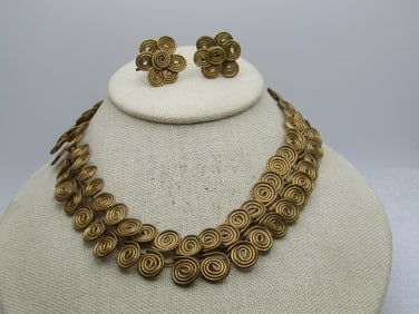 Vintage Coiled Brass Necklace & Earrings Set, 16", Modern
