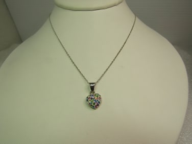 Vintage Sterling Inlaid Rhinestone Heart Necklace, 18", 1990's Unused