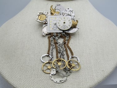 Vintage Watch Face/Gears Brooch, Long Dangles, Steampunk Vibe, 1980's-1990's,