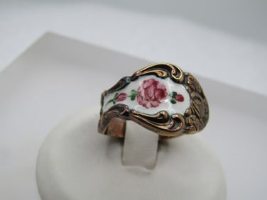 Vintage Sterling Guilloche Rose Ring, Adjustable Sz. 5-7