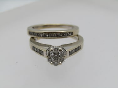 Vintage 14kt Diamond Blossom Engagement Ring and Wedding Band Set, Signed IKS, Sz. 7.