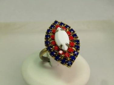 Vintage Red/White/Blue Glass Stone Ring, Adjustable to Sz. 6, 1960's-1970's