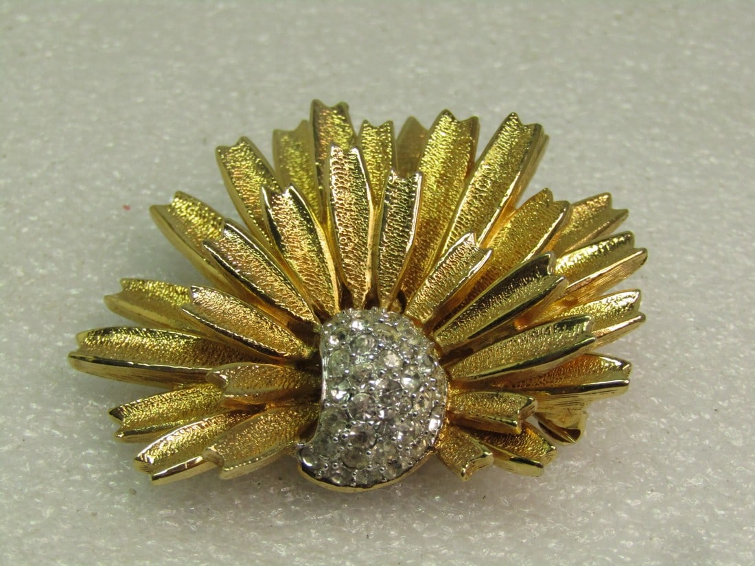 Vintage Jomaz Floral Rhinestone Two-Tone Brooch, Tiered, 1950's-1960's: Vintage Jomaz Floral Rhinestone Two-Tone Brooch, Tiered, 1950's-1960's. Joseph Mazer started using the Jomaz mark int he 1940's. This is a textured three-tiered gold tone blossom or starburst design t