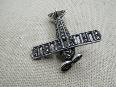 Vintage Sterling Marcasite Airplane Brooch, 1980's, Signed
