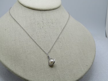 Sterling Pearl Diamond Necklace, 16"-17" Adjustable, Signed