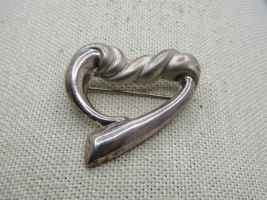 Vintage Sterling Mod Heart Brooch, 1.5" by 1.25", Signed. 1990's.