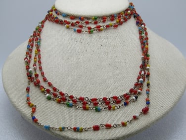 2 Vintage Glass Beaded Necklace, 58", 1960's, Red and Multi Color - Hippie/Boho