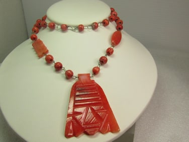Vintage Carved Orange Quartz Tribal Necklace, 24", 1970's