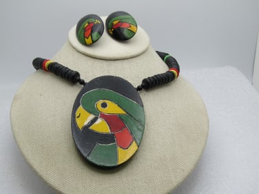 Vintage Wood Painted Parrot Necklace/Earrings Set, Phillipines, 1970's-1980's