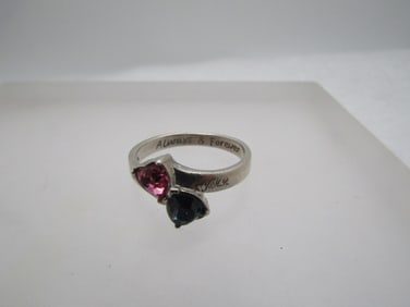 Vintage Sterling Blue/Pink Heart Ring, Engraved JLP JMB, Sz. 9.5