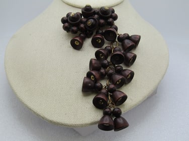 Early 1900's Brown Wooden Brooch with Long Bell-Like Drop