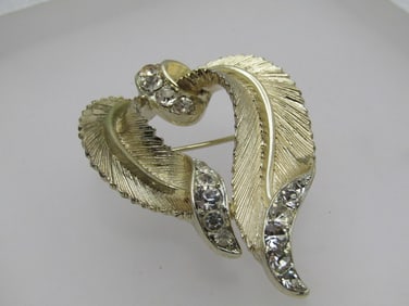 Vintage Gold Leaf Swag Brooch with Rhinestones, Signed Lisner, 1960's-1970's