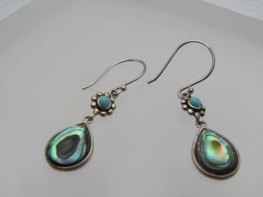 Sterling Paua/Abalone Turquoise Earrings, Pierced, 1990's, Signed