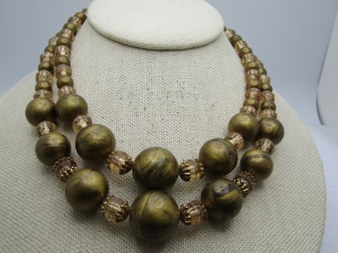 Vintage Gold/Black/Blush Beaded Necklace Double Strand, Mid-Century, 17"