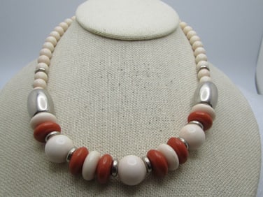 Vintage Cream/Brown Beaded Neclace, 16" Signed DEDE with Tags, 1980's