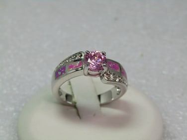 Silver Plated Faux Opal Pink Topaz Ring, Clear Rhinestones, Sz. 6.75, 1990's