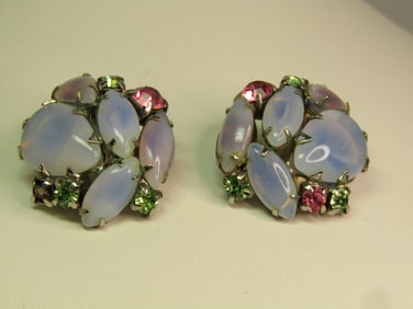 Vintage Green/Pink and Opal Rhinestone Earrings, Clip, 1940's-1950's