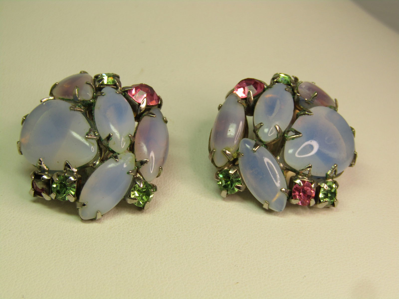 Vintage Green/Pink and Opal Rhinestone Earrings, Clip, 1940's-1950's (1 of 5)