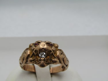 Antique 10kt-12kt Gold Lion Ring, Ruby Eyes, Diamond , Sz. 11, 1920's-1930's