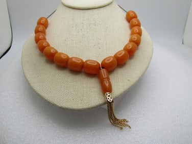 Vintage Butterscotch Bakelite Beads on Chain, with tassel Drop 18"