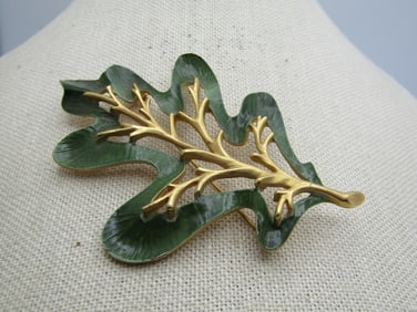 Vintage Green Enameled Leaf Brooch, Sarah Coventry, 1960's-1970's
