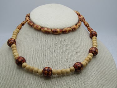 Vintage Painted Lacquered Wood Beaded Necklace, 26", Unisex, 1970's-1980's