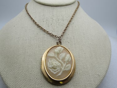Vintage Floral Cameo Locket Necklace, John Wayne Photos, 22", 1960's-1970's. The cameo is a raised