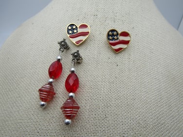 Vintage Pair of Patriotic Heart Flag & Red Dangle Earrings
