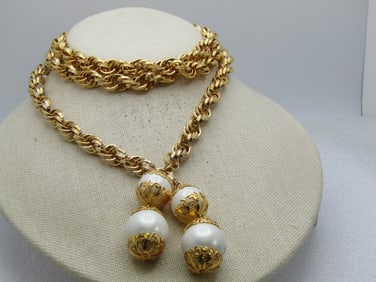 Vintage 42" Faux Pearl Necklace, Loop or Tie, Filigree Caps, 1960's-1970's