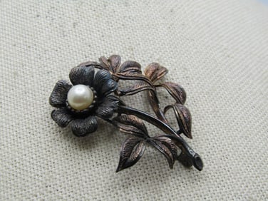 Vintage Floral Stem & Faux Pearl Brooch, Trombone Clasp. Post Mid-Century. Signed with a star shape