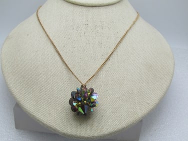 Vintage Peacock Rivoli Cluster Necklace, 18", 1960's-1970's