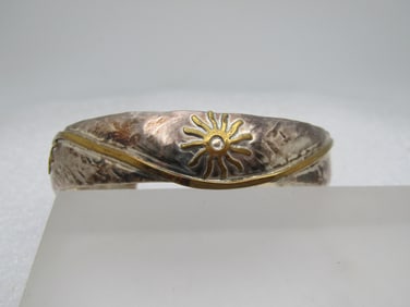 Vintage Sterling & Brass Cuff Braclelet, Sun Scrolled, 6.5" Signed Phyllis Lang