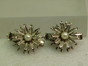 Vintage Two Floral Clips, Faux Pearl Silver Tone, 1960's-1990's