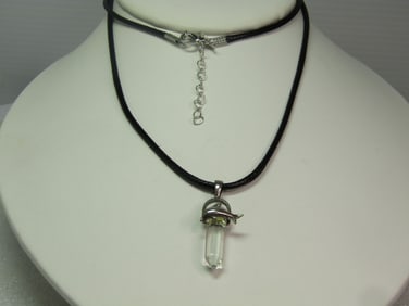 Vintage Clear Quartz Prisim Sterling Dolphin Necklace, Black Cord 24", 1980's