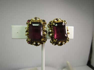 Vintage Purple Glass Stone Earrings, Seed Pearl, Clip, Mid-Century