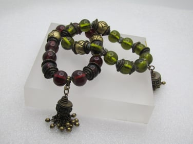 Pair of Rose & Glass Beaded Tassel Bracelets, Stretch, Purple/Green, 6.75"