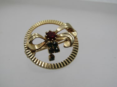 Vintage Red/Green Rhinestone Bow Circle Brooch, 1950's-1960's