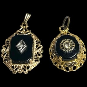 Victorian 14k GF Pendant with Diamond Center & Onyx Charm