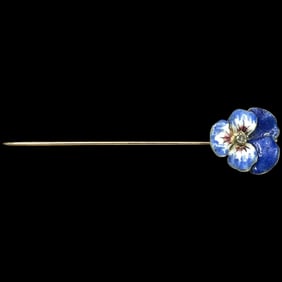 Antique 14k Gold Blue Enamel & Diamond Pansy Flower Stickpin