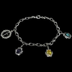 Vintage Sterling Silver Multi Color Gemstone Religious Charm Bracelet