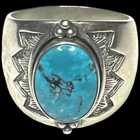 Estate Signed Carolyn Pollack Turquoise Sterling Silver Navajo Ring