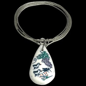 Vintage Hand Painted Porcelain Pendant on Sterling Silver Chain