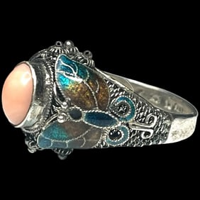 Estate BJ Beatrix Pink Coral Cloisonne Butterfly Sterling Silver Ring