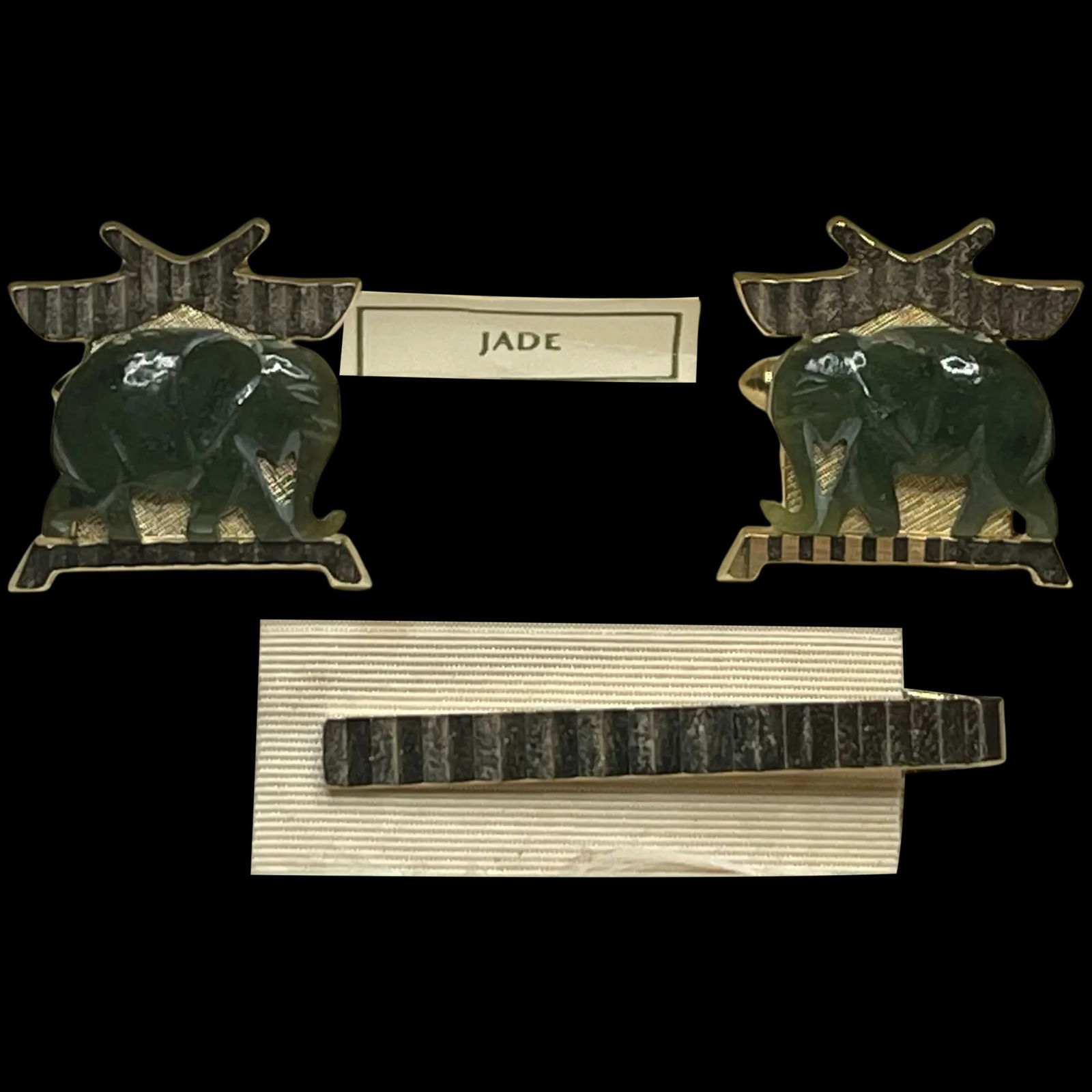 Vintage SWANK Grand Prix Jade Elephant Cufflinks: Title: Vintage SWANK Grand Prix Jade Elephant Cufflinks Description: Vintage SWANK Grand Prix Jade Elephant Cufflinks Date/Period: Varies Materials: Varies Size/Dimensions: Varies Reserve: $65.00 Ship
