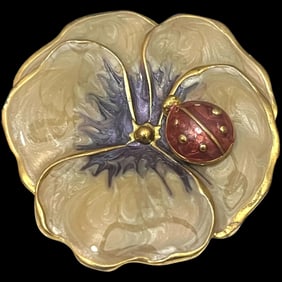 Vintage M Jent Large Enameled Flower & Ladybug Brooch