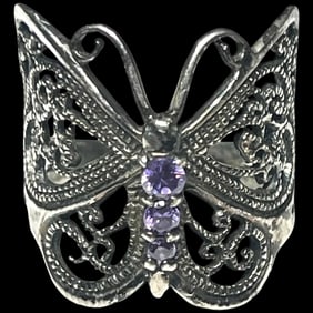 Vintage Sterling Silver CW ART Filigree Purple Butterfly Ring