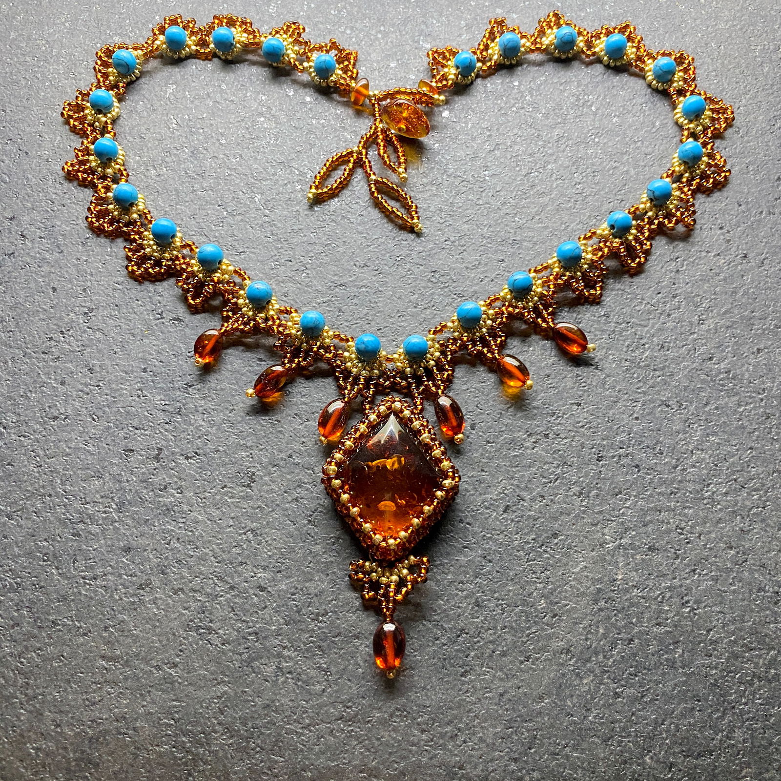 Incredible Unique Vintage Amber Floral Necklace made from leaf like bead ornaments and turquoise (1 of 6)