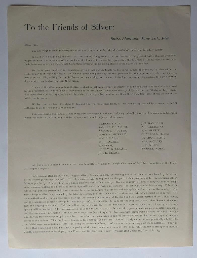 1893 BUTTE MONTANA SILVER BULLION MARKET CRISIS CONFERENCE INVITATION, MINING: 1893 BUTTE MONTANA SILVER BULLION MARKET CRISIS CONFERENCE INVITATION, MINING 1893 BUTTE MONTANA SILVER BULLION MARKET CRISIS CONFERENCE INVITATION, MINING Antique Publication, "TO THE FRIENDS of SILV